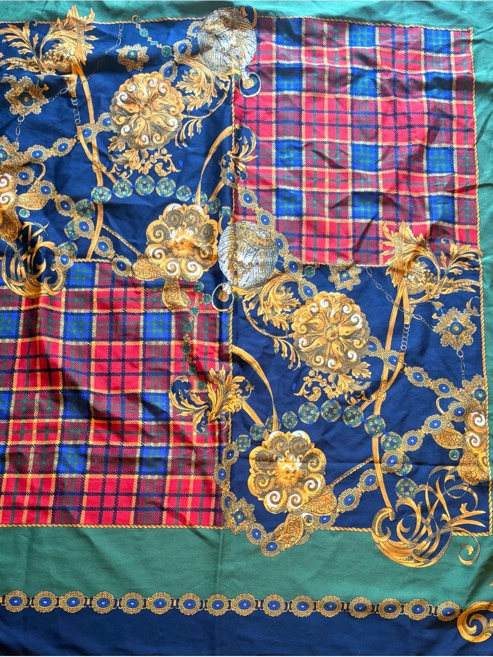 Luxury Patterned polyester women’s scarf. Plaid in Green, Navy ornate.